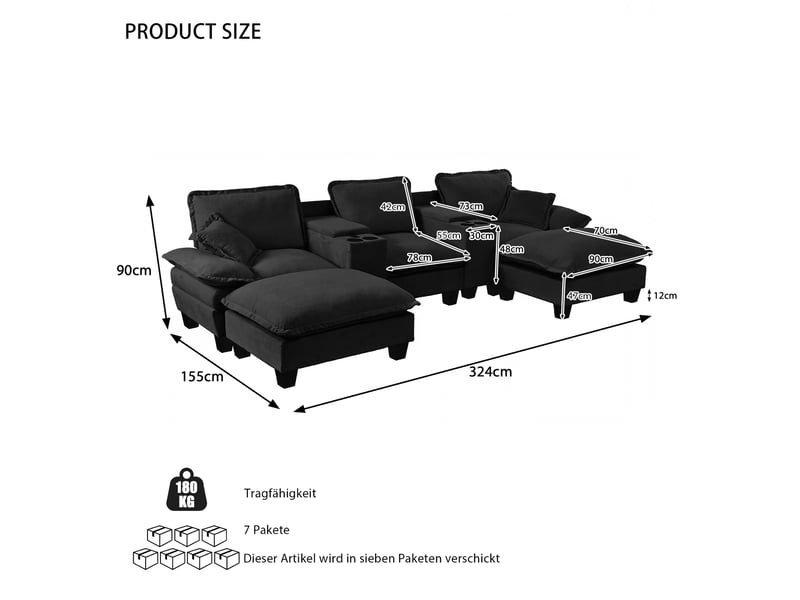 Canapé panoramique modulable, 2 poufs, rangements, ports usb, porte-gobelets, 323 × 151 × 90 cm, chenille noire - Conforama C