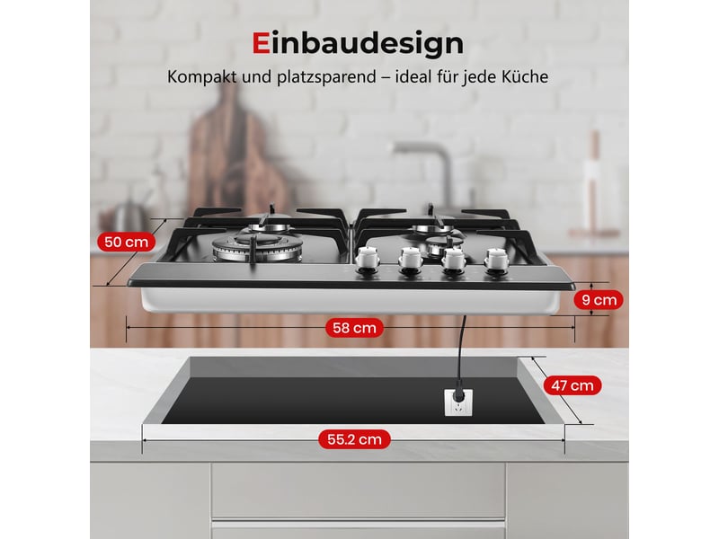 Plaque de cuisson gaz 4 feux, plaque gaz émaillée noire 58 cm, allumage automatique, gaz naturel ou propane, encastrable ou posable - Conforama C
