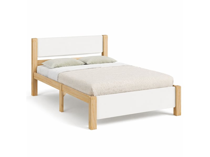  Lit simple 90x200 cm blanc et bois naturel, cadre en pin et mdf  - Conforama A