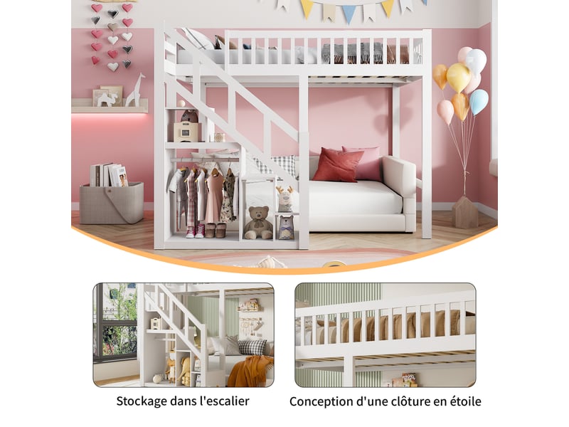  Lit mezzanine 2 places,lit mezzanine 140x200,lit superpose,lit mezzanine escalier,lit enfant escalier avec placard de rangement,bois massif,blanc  - Conforama E