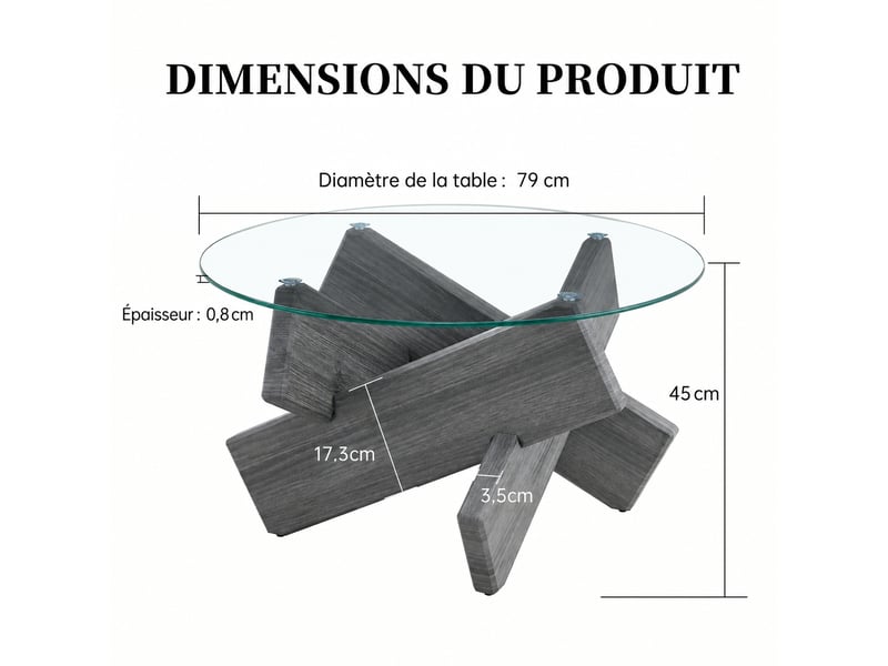  Table basse ronde en verre trempé, diamètre de 79 cm, pieds croisés en mdf gris  - Conforama C