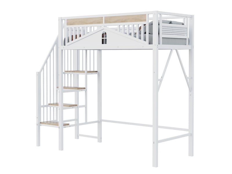  Lit mezzanine 90x200 cm avec échelle sécurisée et espace de rangement, coloris blanc  - Conforama A