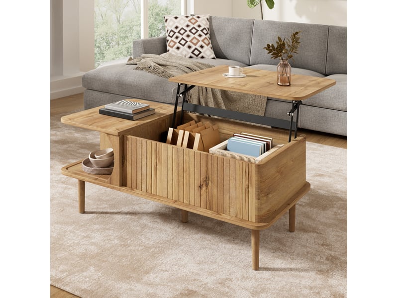  Table basse 100x48x55,5 cm effet bois naturel avec plateau relevable et rangement  - Conforama D