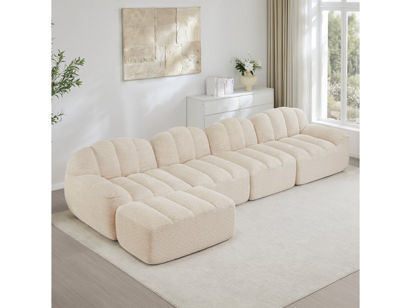  Canapé modulaire 4 places avec ottoman, assise profonde et soutien ergonomique en fleece granuleux beige blanc  - Conforama B