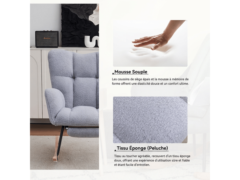  Fauteuil à bascule en tissu teddy gris avec repose-pieds extensible, chaise berçante relax moderne pour salon chambre  - Conforama D