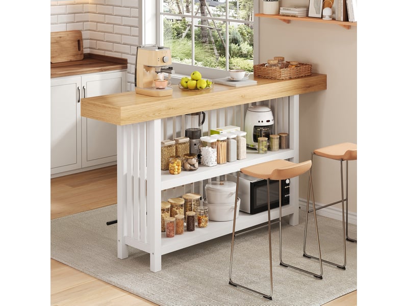  Table de bar 160x40x105 cm avec repose-pieds, rangement 2 niveaux en mdf couleur blanche et bois  - Conforama B