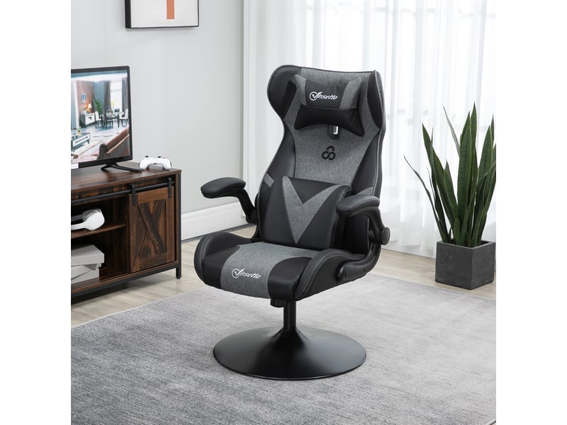  Chaise de gaming chaise de bureau ergonomique avec base ronde hauteur réglable accoudoir relevable coussins tétière et lombaires pu gris noir  - Conforama C