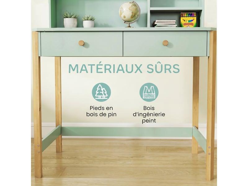 Bureau enfant en bois, bureau avec rangement, 2 tiroirs et 3 compartiments ouverts, plateau large, vert, 90x52x105cm - Conforama E