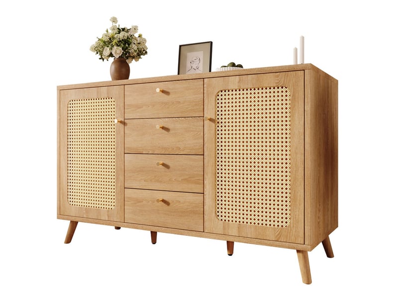  Buffet, meuble de rangement, avec 4 tiroirs et 2 portes, aspect rotin, 140 x 40 x 86 cm, pour salon, salle à manger, naturelle  - Conforama A