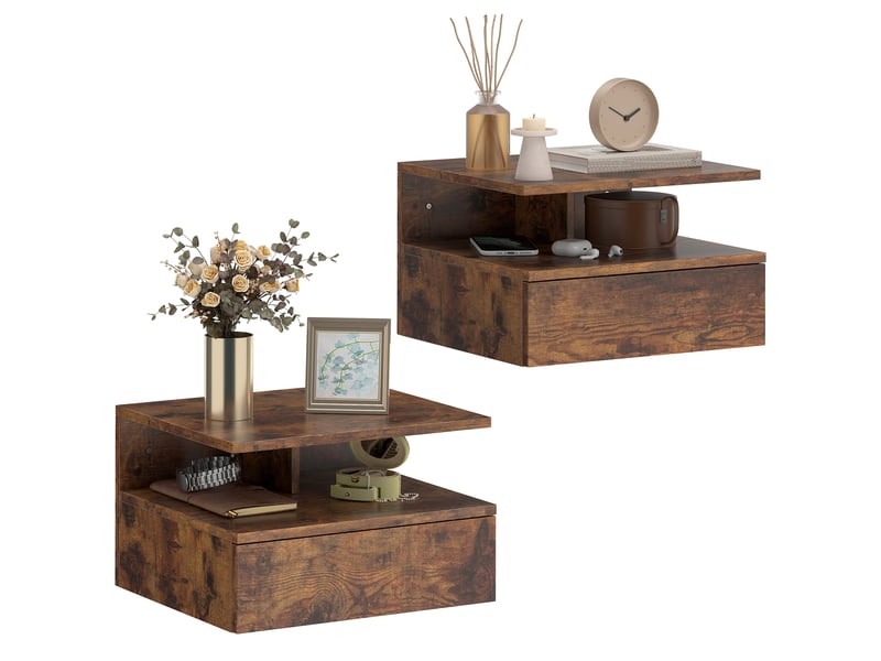  Ensemble de 2 tables de chevet suspendues avec tiroir et étagère ouverte, 35 x 32 x 22,5 cm, marron rustique  - Conforama A