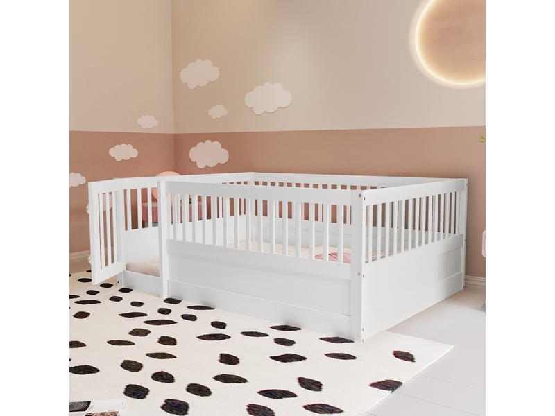 Lit évolutif enfant en bois avec barrières et porte, blanc, 140x200cm, cadre sécurisé et design moderne - Conforama B