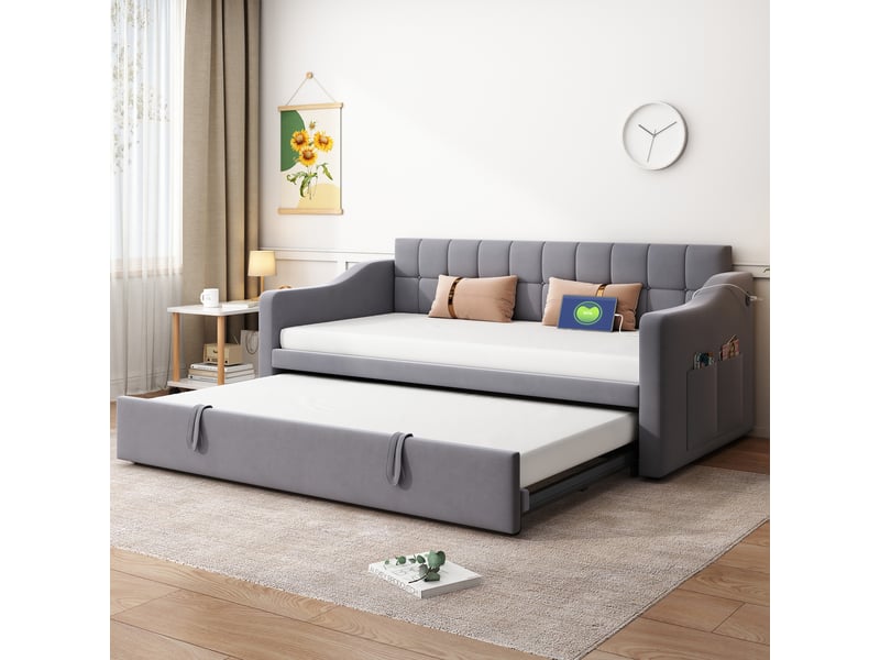  Canapé-lit convertible 90/180x190 cm, velours gris, ports usb, sans matelas  - Conforama R