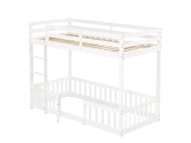 Lit superposé enfant en bois avec escalier droit, barrières et porte, pin lvl blanc, 90x200 cm, espace libre sous le lit  - Conforama D
