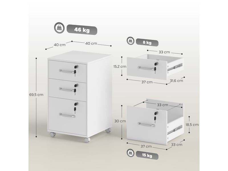  Caisson de bureau 3 tiroirs verrouillables sur roulettes blanc 40 x 40 x 69,5 cm  - Conforama C