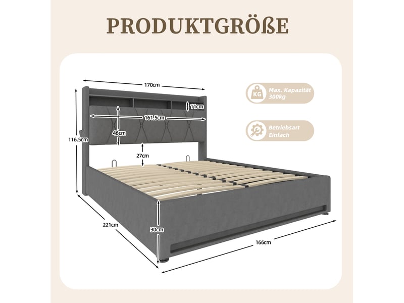  Cadre de lit 160 x 200 cm en velours gris foncé avec led, rangements, usb et type-c  - Conforama E