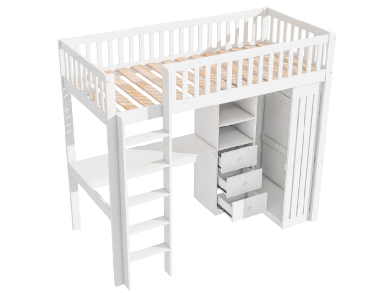  Lit mezzanine 90x200 cm, avec bureau et placard et 3 tiroirs, en bois, blanc, sans matelas  - Conforama E
