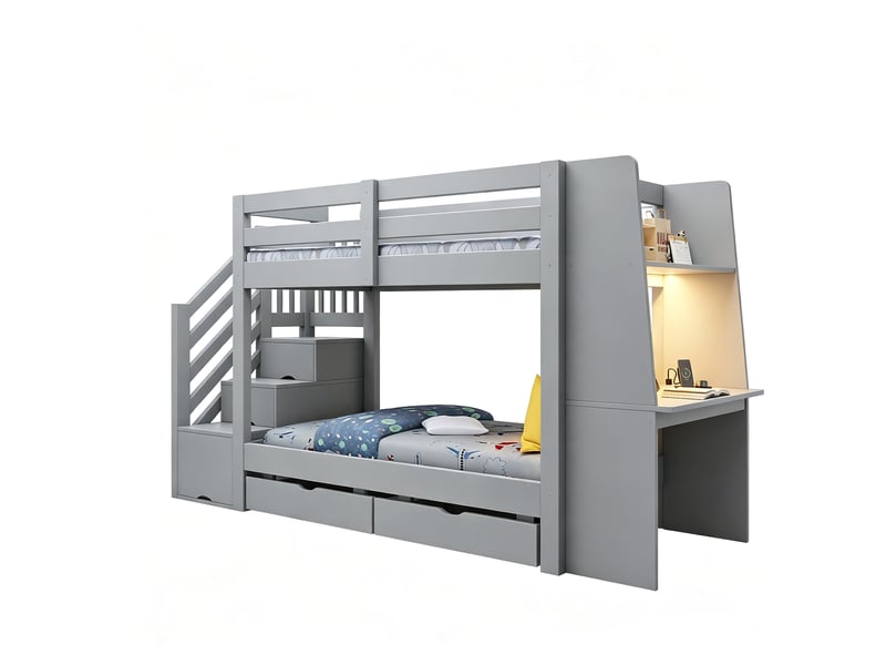 Lit superposé enfant 90 x 200 cm avec bureau et rangement, structure en bois gris, escalier et deux tiroirs - Conforama A