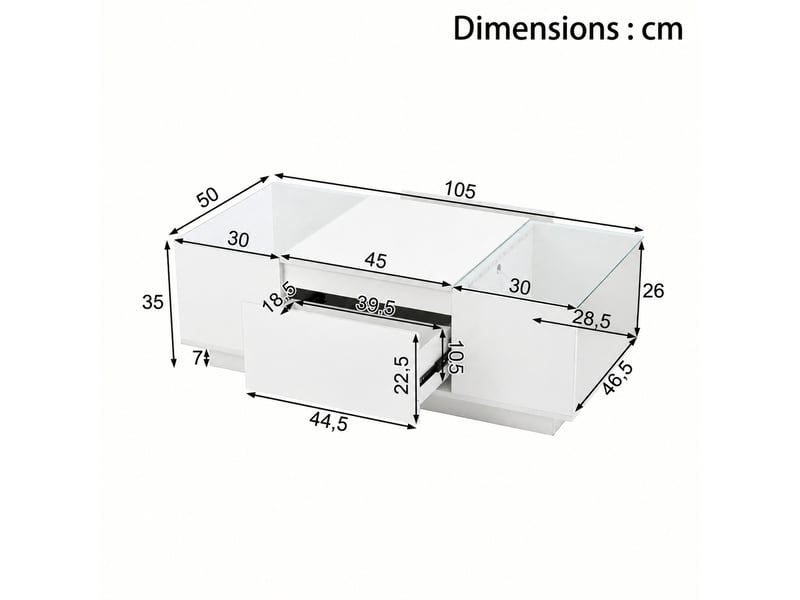 Table basse blanche avec rangement, 2 tiroirs et éclairage led, finition brillante, 105 x 50 x 35 cm - Conforama C