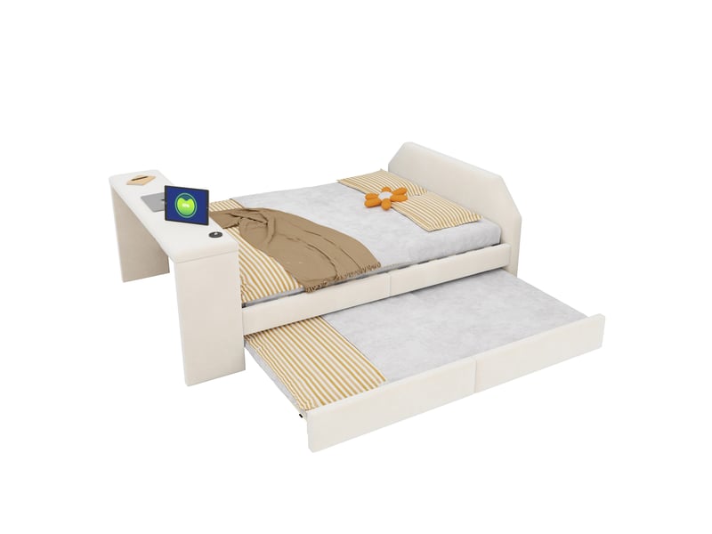  Lit enfant 140x200 cm avec bureau, usb et lit gigogne, velours beige, sans matelas  - Conforama A