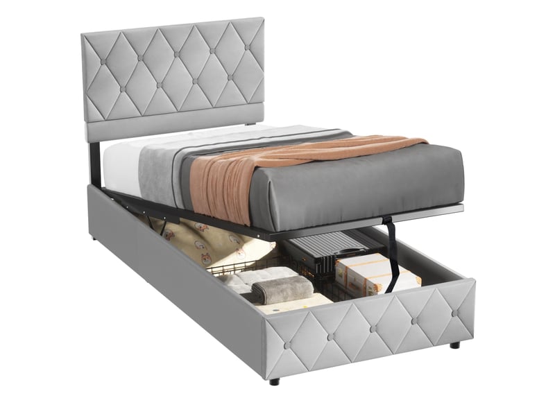  Lit simple 90 × 190 cm avec coffre de rangement, sans matelas, en simili cuir, gris  - Conforama A