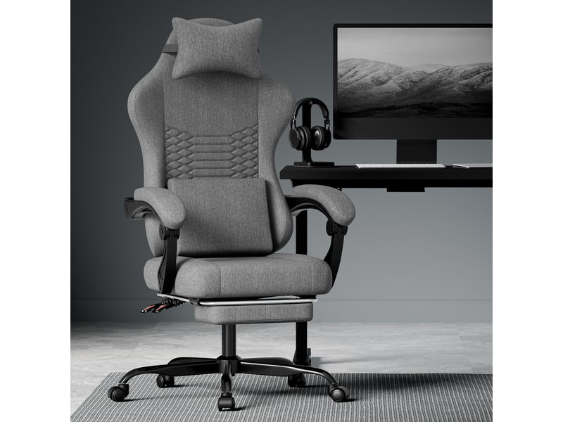  Chaise de bureau gaming ergonomique inclinable avec repose-pieds - lpospi - appuie-tête, tissu - gris foncé  - Conforama B