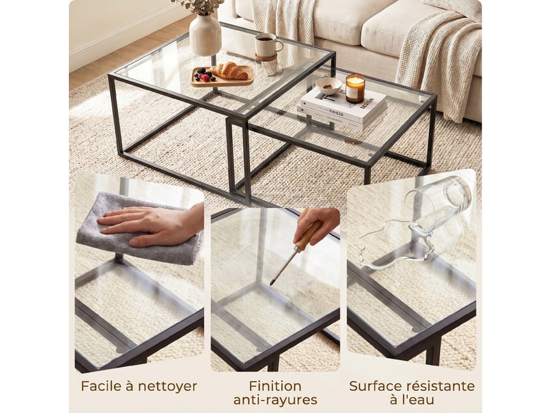  Lot de 2 tables basses gigognes, noir, table de salon avec plateau en verre trempé et structure en métal  - Conforama W