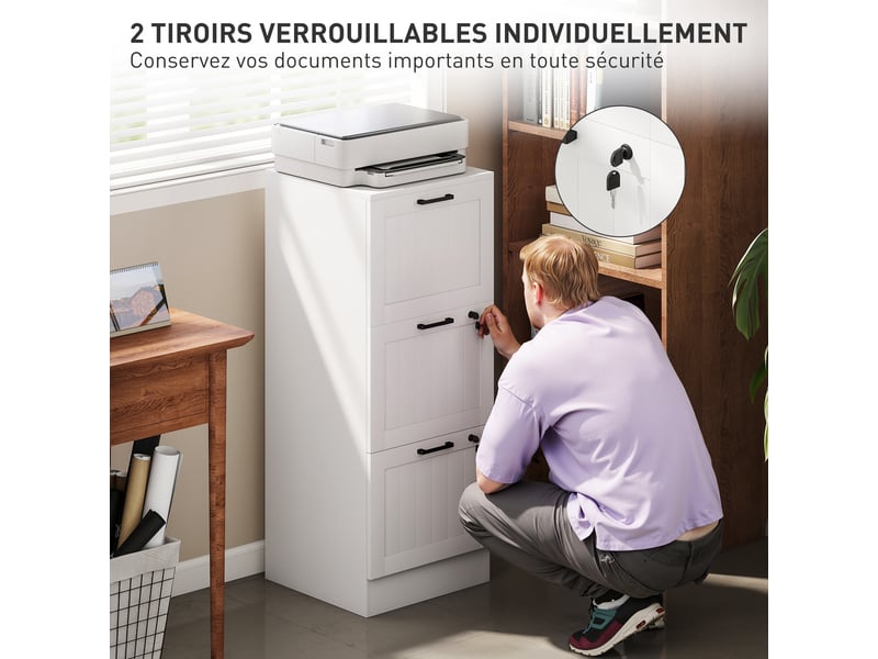  Caisson bureau, meuble rangement bois 3 tiroirs et serrure, barres de suspension réglables, blanc, 40 x 40 x 101 cm  - Conforama R