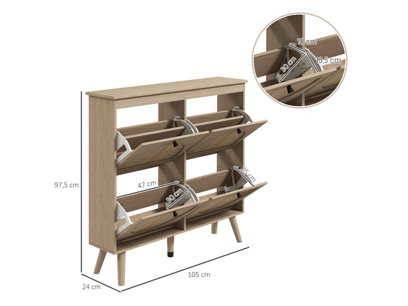  Meuble à chaussures 4 abattants 20 paires étagère réglable style bohème pieds en bois massif 105 x 24 x 97,5 cm naturel  - Conforama D