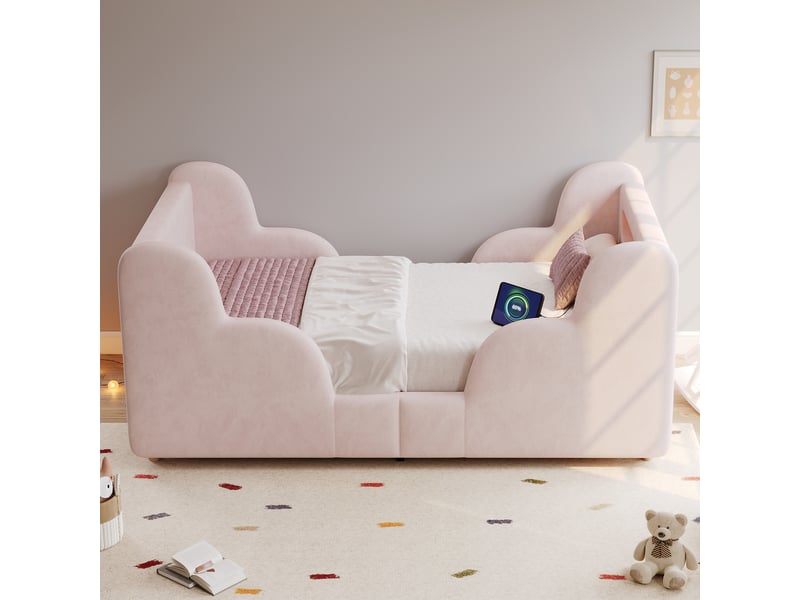  Lit enfant 90 × 200 cm 1 place avec barrière, usb, type-c et veilleuse, sans matelas, en velours rose  - Conforama C