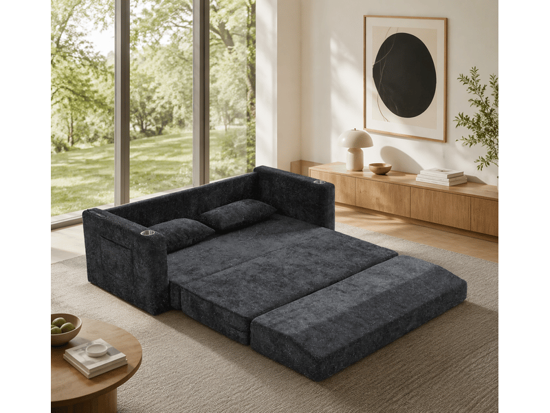 Canapé-lit 2 places convertible, tissu chenille, usb, porte-gobelets, 2 coussins, bleu - Conforama E