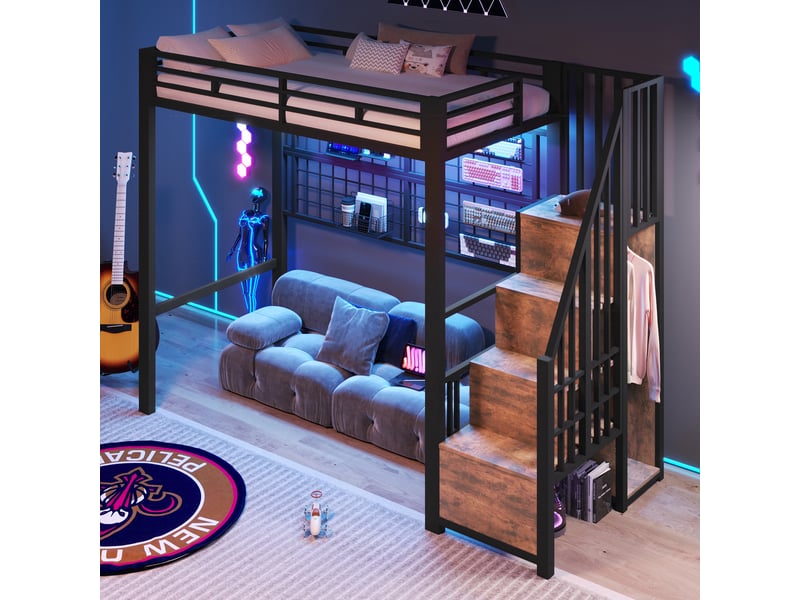 Lit mezzanine 90x200 cm avec armoire, led, lit enfant avec échelle et rangements en métal et mdf noir - Conforama D