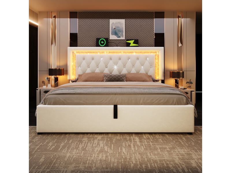  Lit coffre double 140×200 cm avec led réglable, usb et type-c - okmyhome- velours beige, matelas inclus  - Conforama B