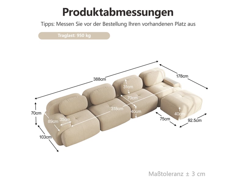  Canapé d'angle modulaire 388x178x70 cm 4 places, prêt à utiliser, finition velours côtelé beige  - Conforama C