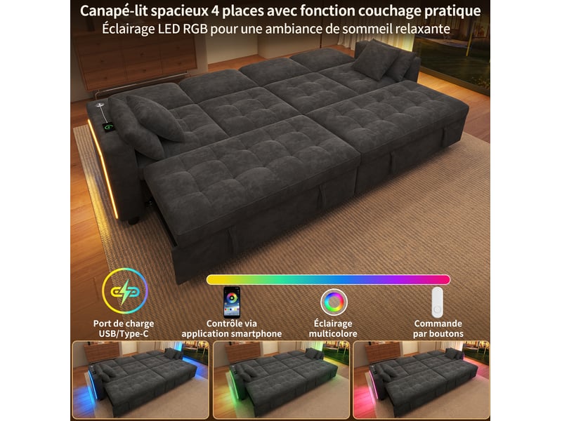 Canapé d'angle convertible tcqpz 4 places 262,5 x 140 x 89 cm 2 couchages indépendants led usb type-c chenille gris - Conforama E