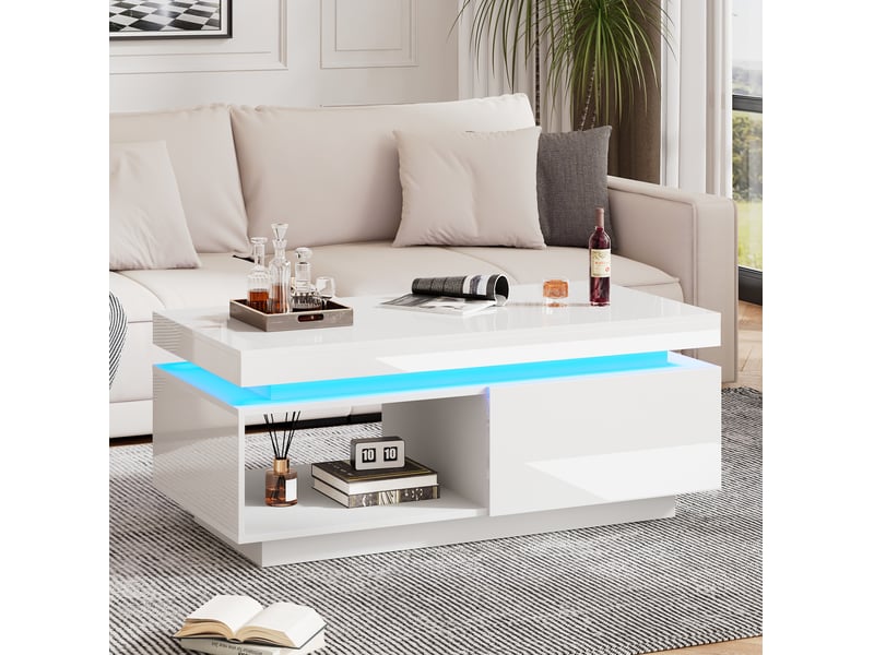  Table basse 100x50x40 cm moderne haute brillance led tiroir capacité 50 kg panneaux de particules finition blanc  - Conforama W
