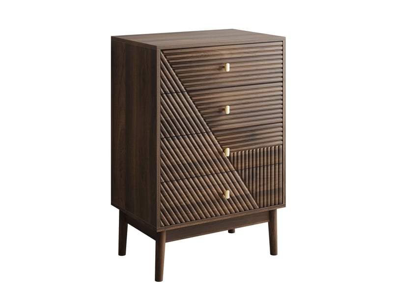 Commode scandinave 4 tiroirs effet bois noyer 4 tiroirs sculptées et pieds évasés 60x40x90cm  - Conforama A