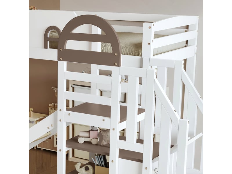  Lit superposé enfant 90x200 cm avec toboggan et escaliers, pin et mdf, blanc, sans matelas  - Conforama E