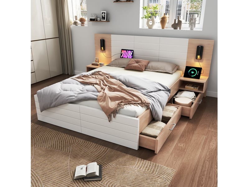  Lit avec tiroirs 140 × 200 cm 2 places, lampe orientable, usb et matelas inclus, blanc et chêne clair  - Conforama C