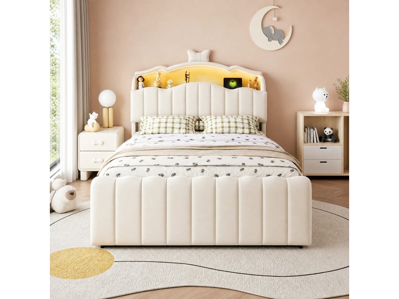 Lit enfant coffre 140 x 200 cm en velours beige avec tête de lit à rangement, led et ports usb - Conforama C