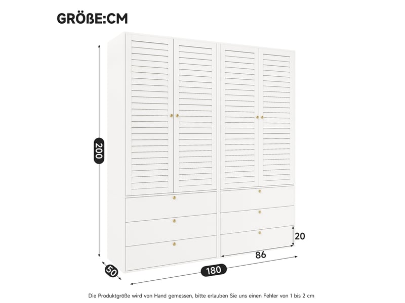  Armoire 4 portes 180x50x200 cm, portes à lamelles, 6 tiroirs, panneau de particules blanc vêtements et dressing, déco  - Conforama C