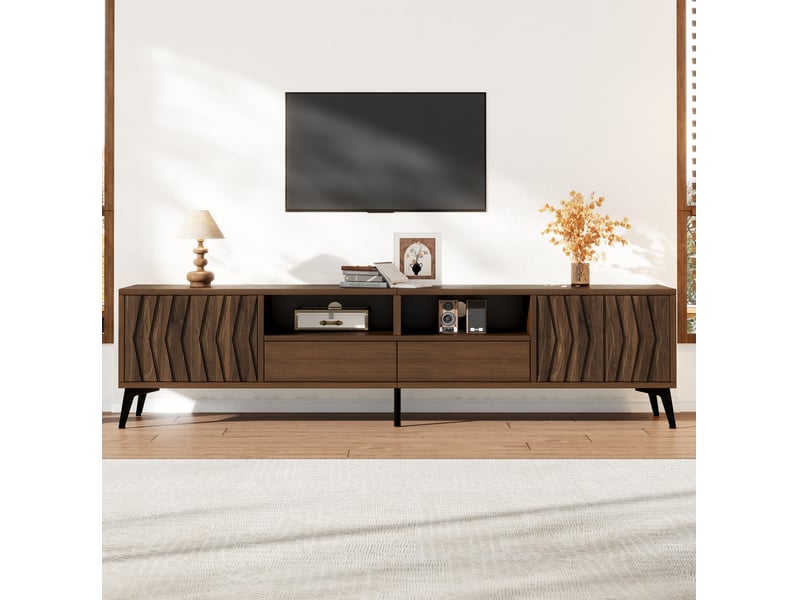 Meuble tv 180x35x45 cm avec 2 portes et  2 tiroirs en panneau de particules, passe-câbles, couleur marron  - Conforama B