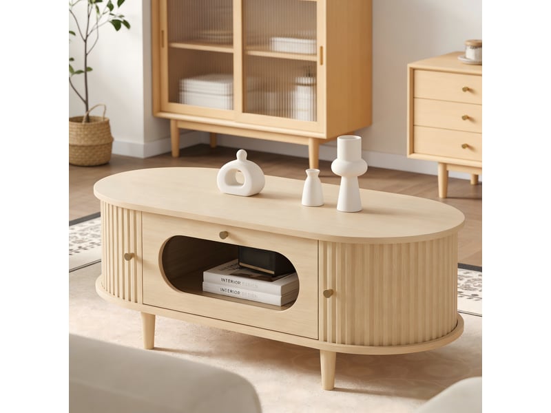  Table basse 100x50x36 cm bois clair, 1 tiroir à façade vitrée, portes tambour et 4 pieds Fay Lum - Conforama B