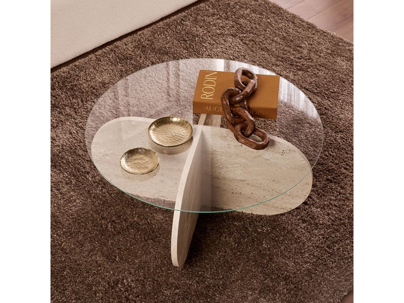 Table basse ronde en verre piètement beige d75 cm  - Conforama D