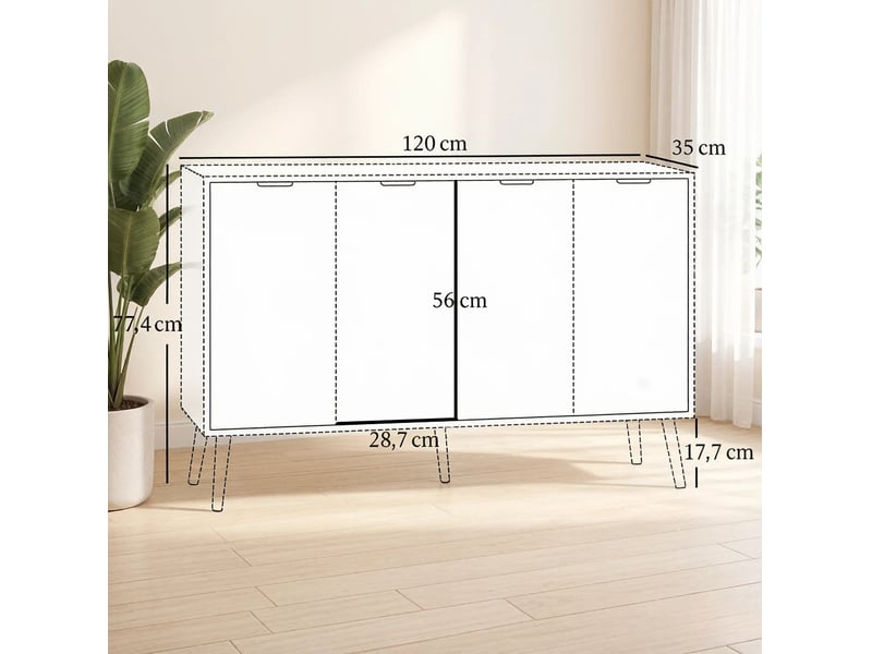  Buffet bas 4 portes blanc  120 x 35 x 77,4 cm avec étagères réglables  - Conforama C