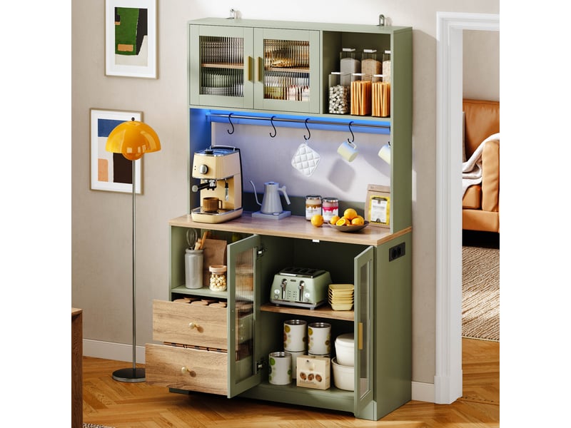  Buffet haut de cuisine 110 x 40 x 178 cm avec 4 portes vitrées, led, 2 prises + 2 usb, porte-bouteilles, plateau effet bois, vert Sol Morn - Conforama D