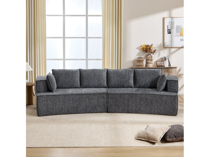  Canapé modulaire incurvé avec assise profonde et dossier à coussins, en velours côtelé gris foncé 302 × 115 × 65 cm  - Conforama C