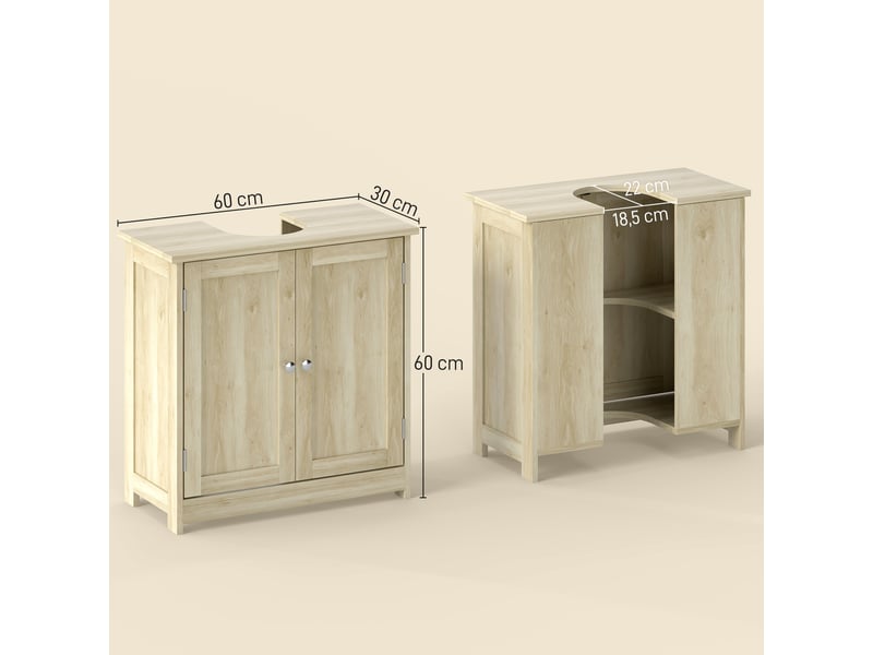  Meuble salle de bain sous lavabo, meuble sous-vasque, placard 2 portes avec étagère, 60x30x60cm, chêne  - Conforama E