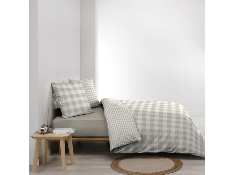  Parure de lit 240 x 220 cm 100% coton victoire naturel + drap housse 140 x 190 cm sable  - Conforama C
