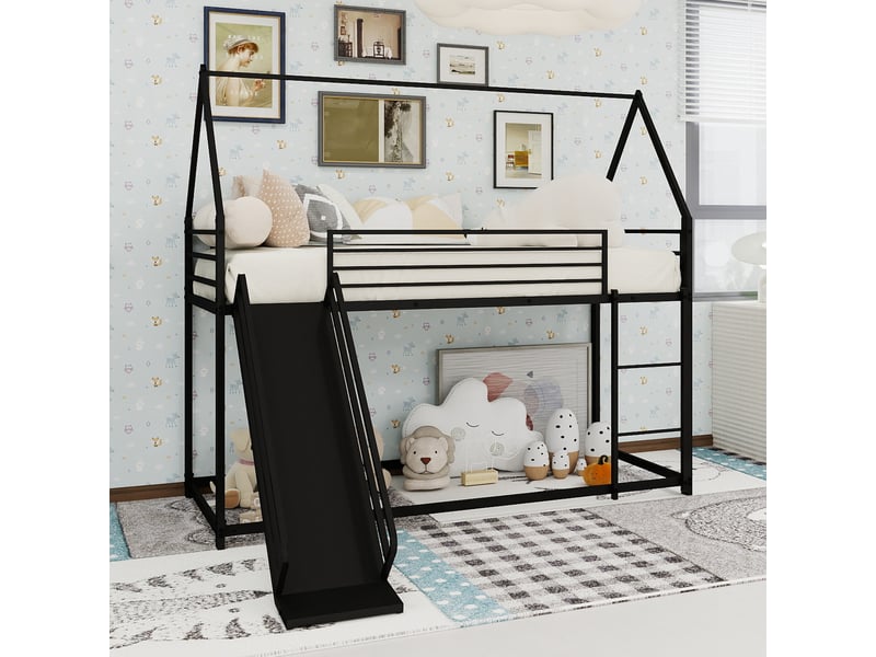  Lit superposé enfant 90 × 190 cm 2 places avec toboggan et barrières de sécurité, sans matelas, en métal noir  - Conforama B