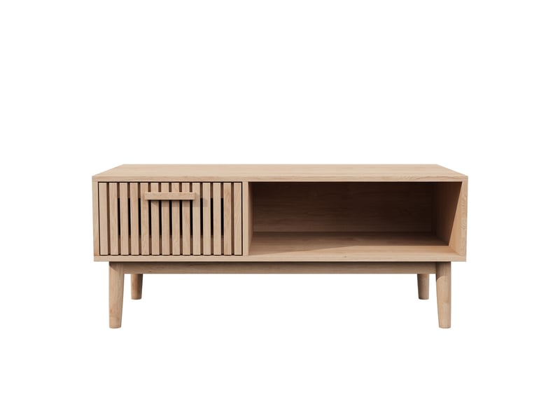  Table basse fixe 100 cm, 1 tiroir et porte coulissante à persiennes, style scandinave japandi, pieds en bois massif, bois clair  - Conforama A